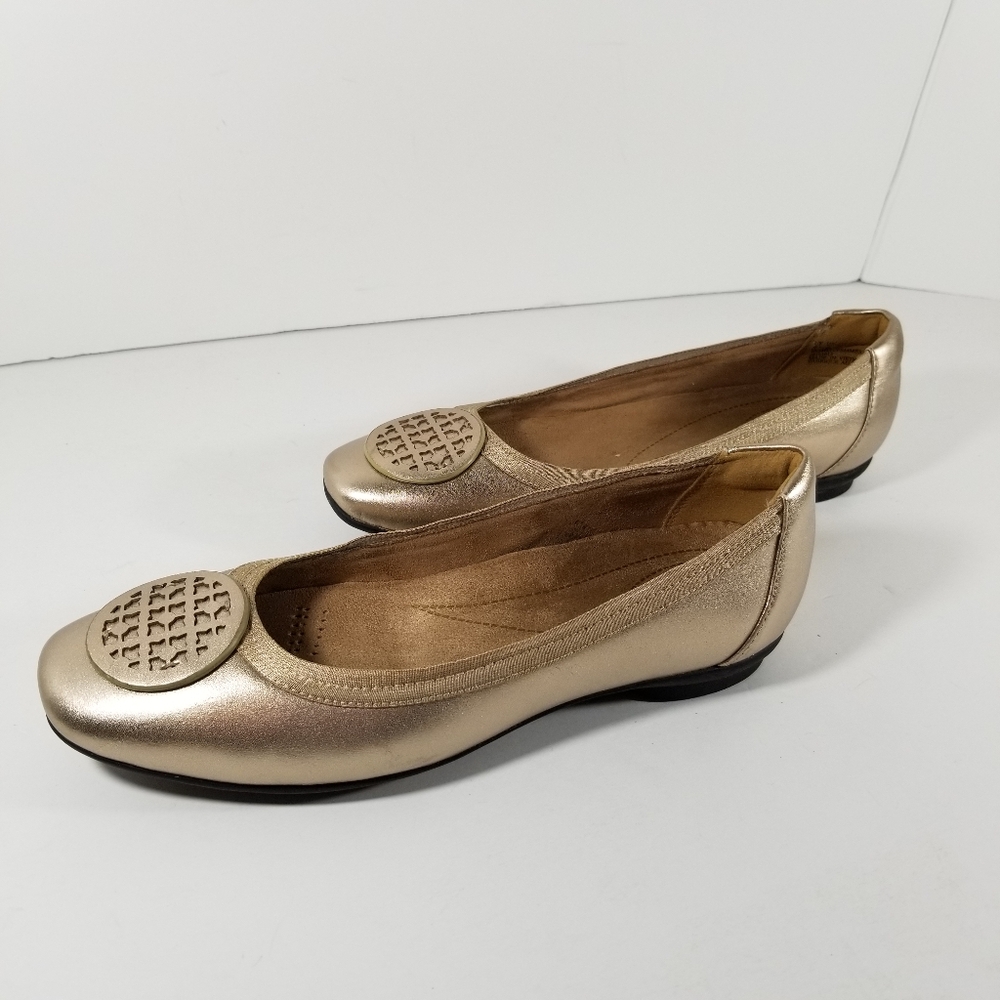 Clarks Gold Ballet Flats with Medallion Detail